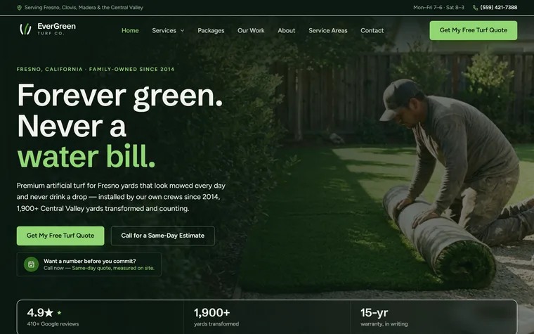 Artificial Turf Installation website example - EverGreen Turf Co. home page