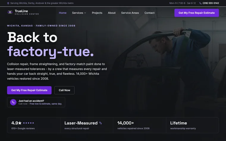 Auto Body & Collision Repair website example - TrueLine Collision Center home page