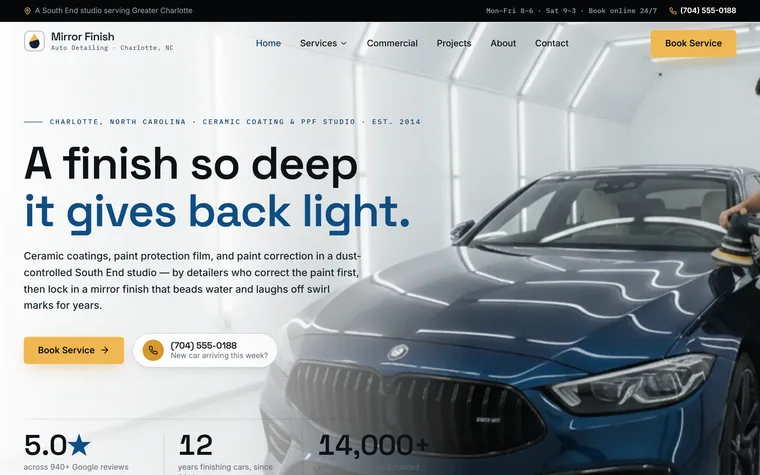 Auto Detailing (Ceramic & PPF) website example - Mirror Finish Auto Detailing home page