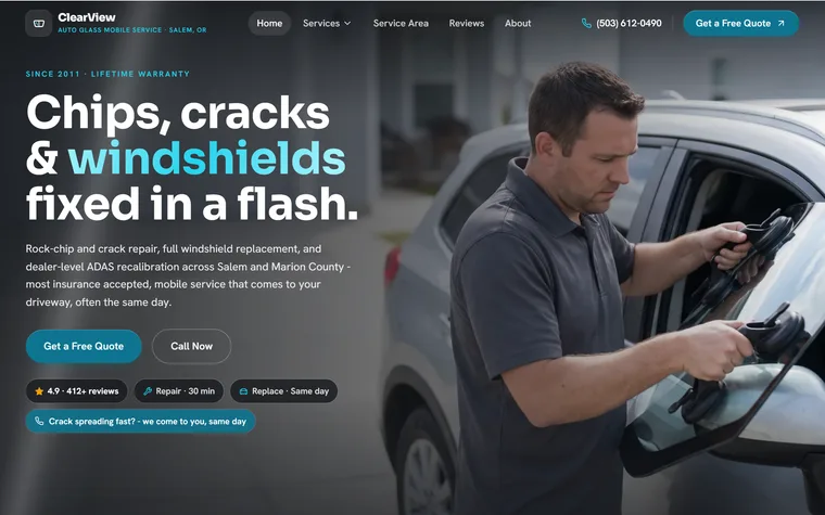 Auto Glass & Windshield Repair website example - ClearView Auto Glass home page