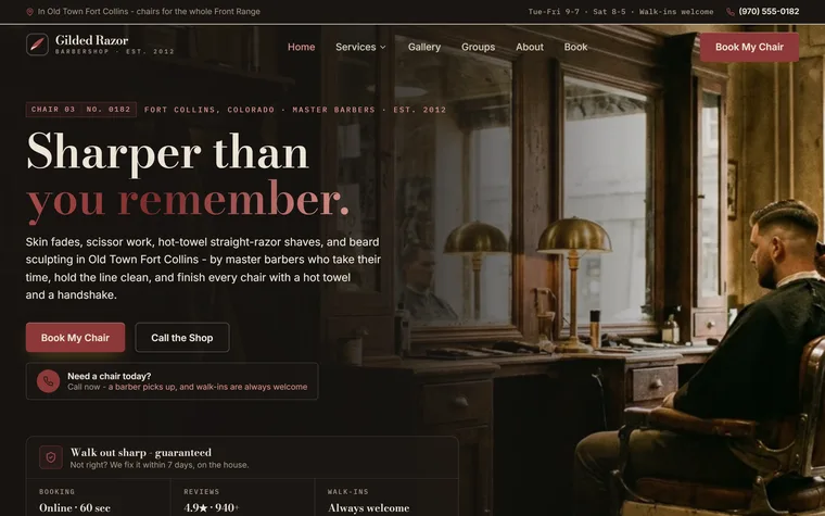 Barbershop website example - The Gilded Razor Barbershop home page