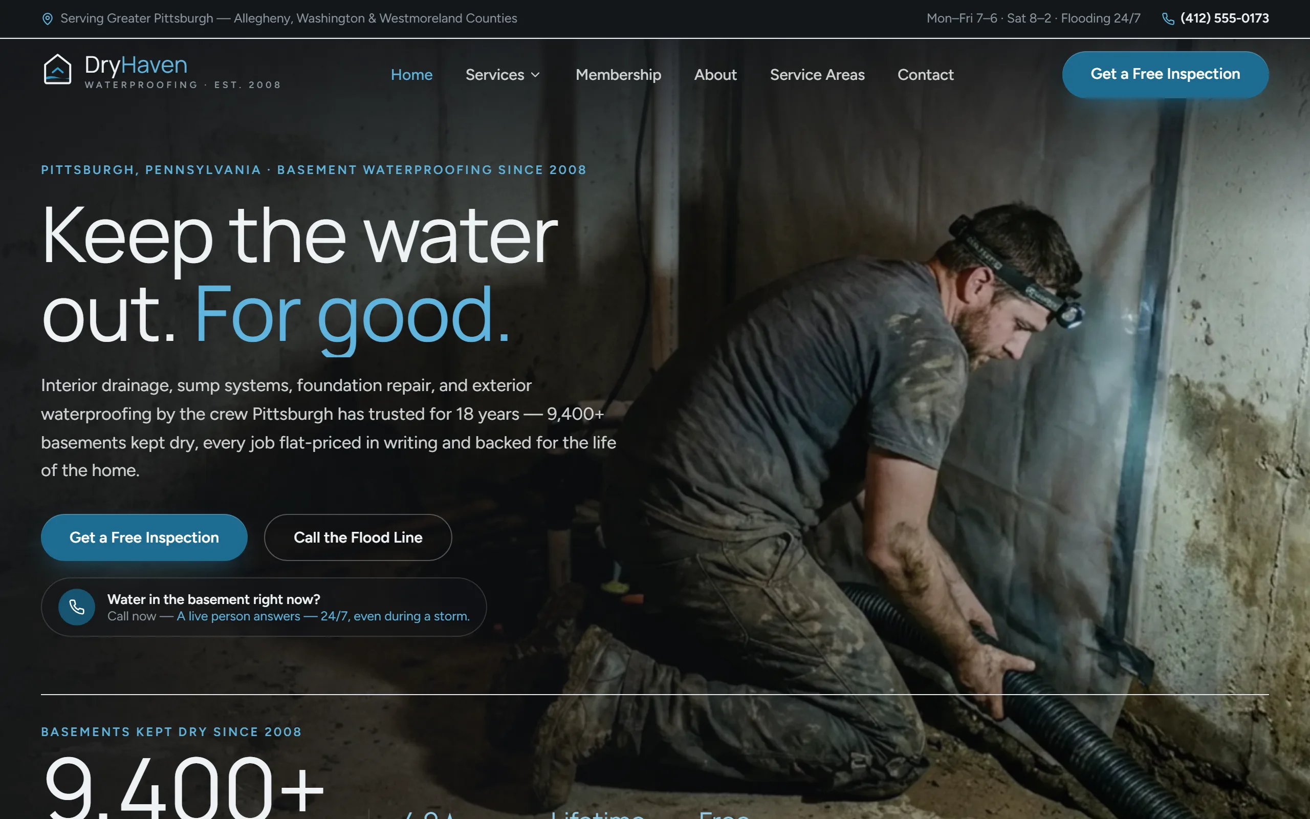 Basement Waterproofing website example - DryHaven Waterproofing home page