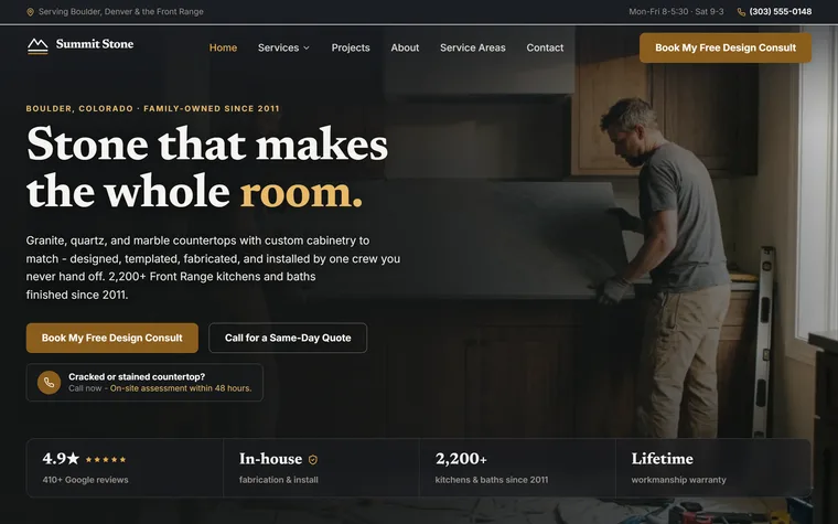 Countertops & Cabinetry website example - Summit Stone & Cabinetry home page