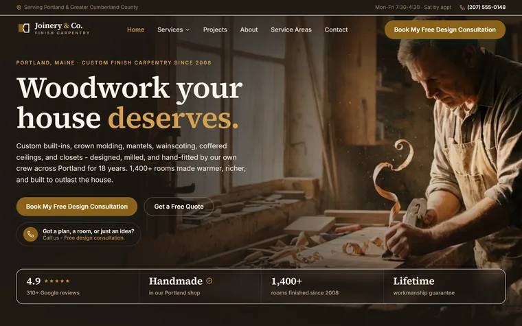 Finish Carpentry & Custom Woodwork website example - Joinery & Co. Finish Carpentry home page