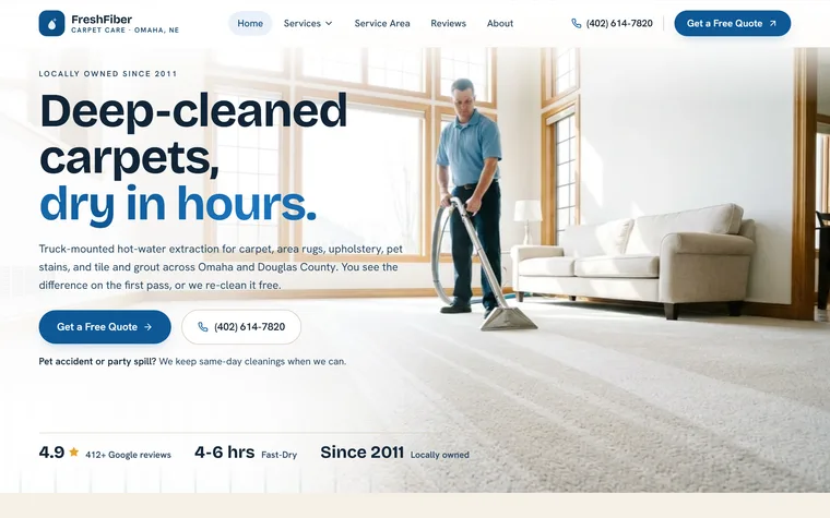 Carpet & Upholstery Cleaning website example - FreshFiber Carpet Care home page