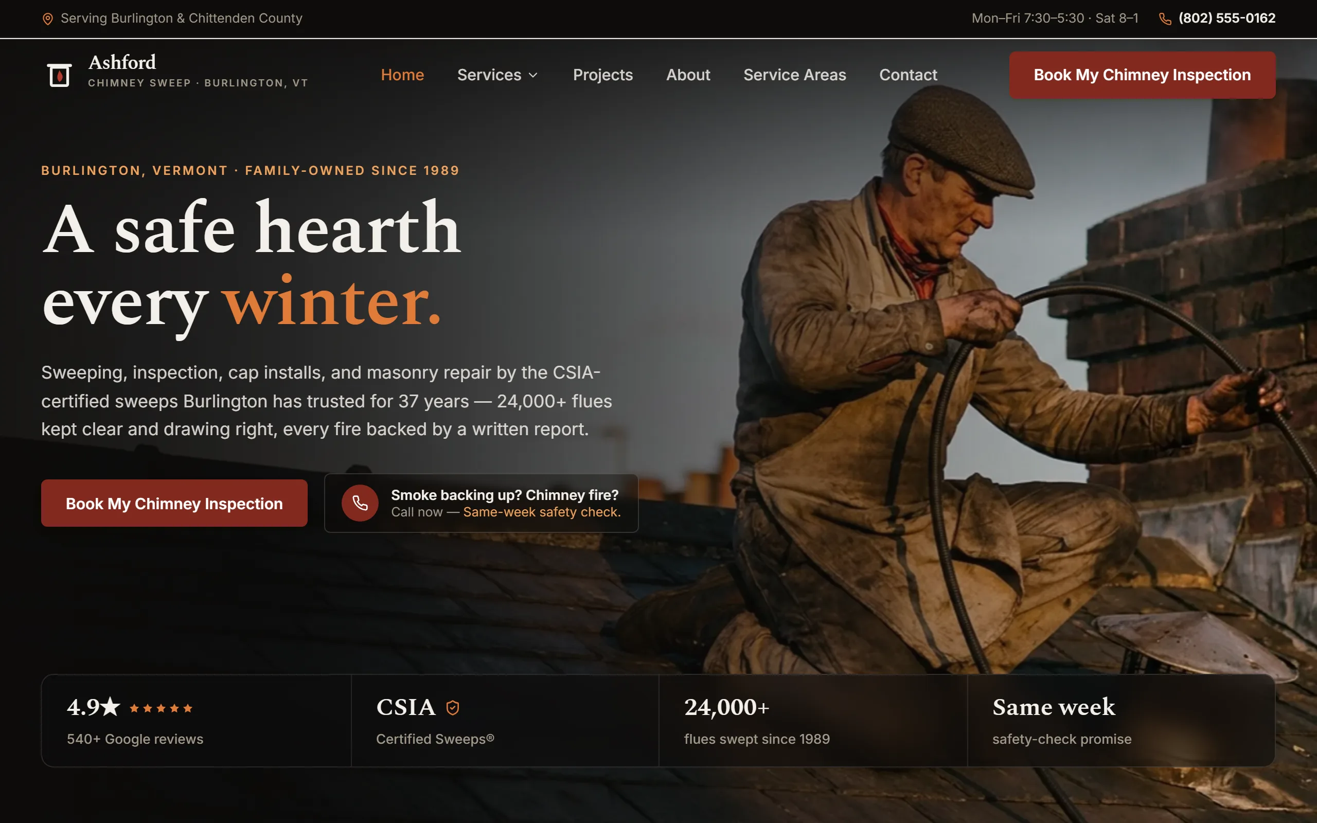 Chimney Sweep & Repair website example - Ashford Chimney & Hearth home page