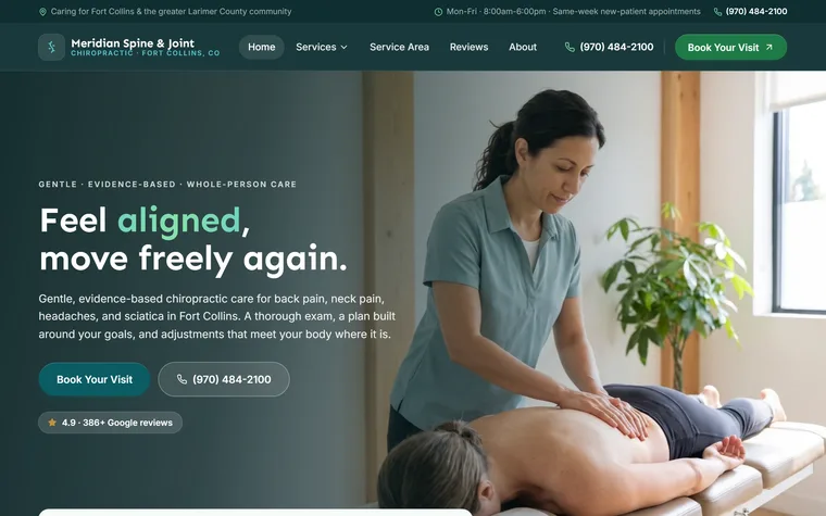 Chiropractic Clinic website example - Meridian Spine & Joint home page