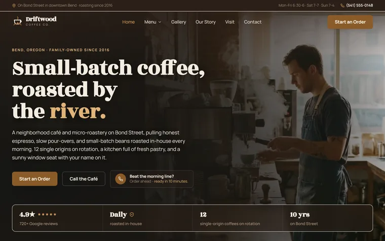 Coffee Shop website example - Driftwood Coffee Co. home page