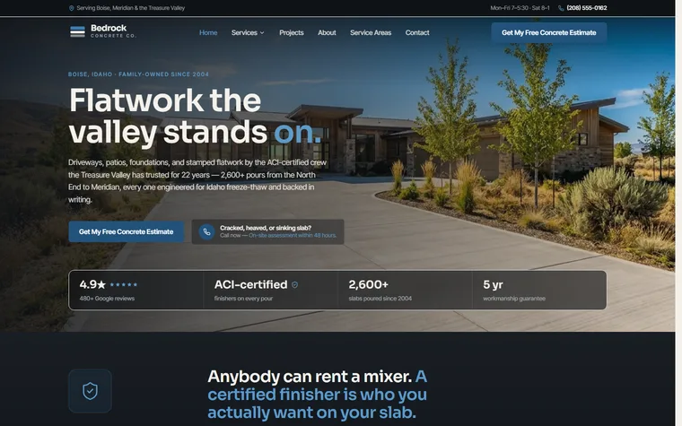 Concrete Contractor website example - Bedrock Concrete Co. home page