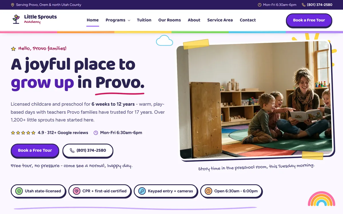 Daycare website example - Little Sprouts Academy home page