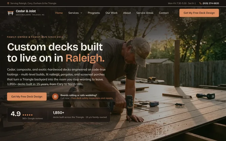 Deck Building website example - Cedar & Joist Decks home page