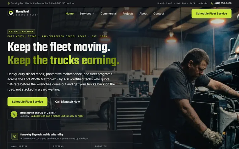 Diesel & Fleet Repair website example - HeavyHaul Diesel & Fleet home page