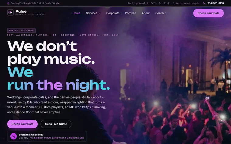 DJ & Event Entertainment website example - Pulse Sound DJ & Events home page
