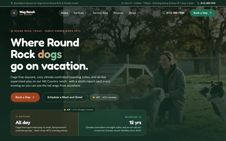 Dog Boarding & Daycare website example - Wag Ranch Pet Resort home page