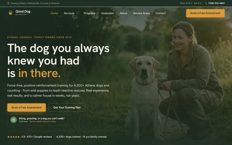 Dog Training website example - Good Dog Academy home page