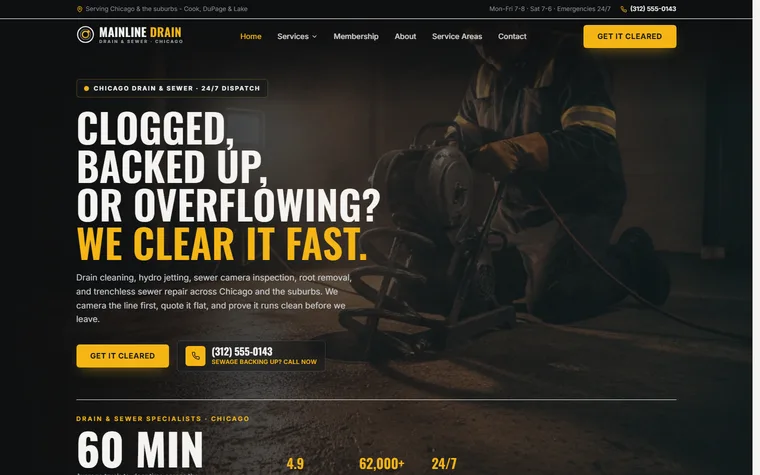 Drain Cleaning & Sewer website example - Mainline Drain & Sewer home page