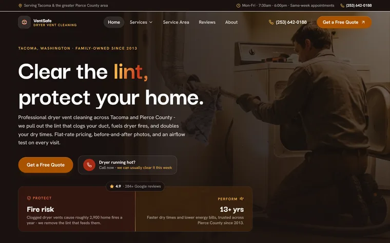 Dryer Vent Cleaning website example - VentSafe Dryer Vent Cleaning home page
