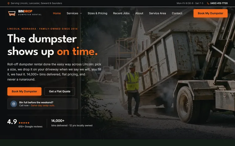 Dumpster Rental website example - BinDrop Dumpster Rental home page