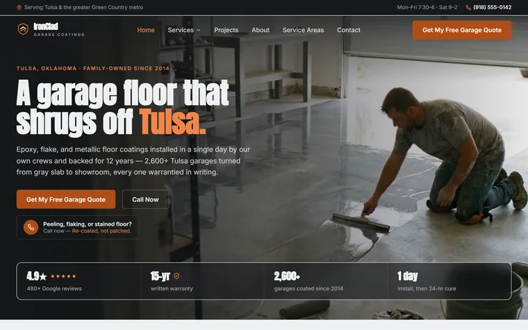 Epoxy & Garage Floor Coating website example - IronClad Garage Coatings home page