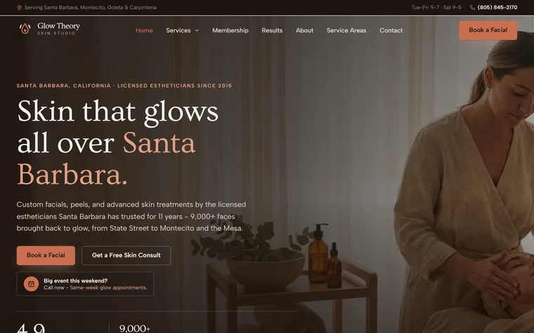 Skincare & Facials website example - Glow Theory Skin Studio home page