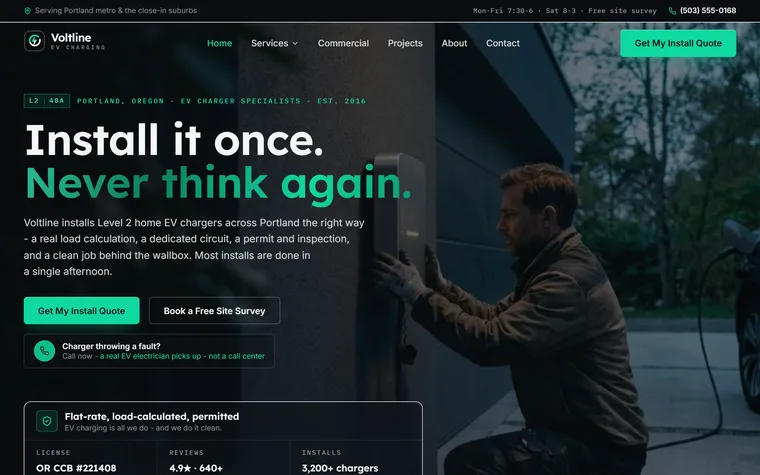 EV Charger Installation website example - Voltline EV Charging home page