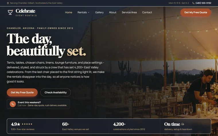 Event & Party Rentals website example - Celebrate Event Rentals home page