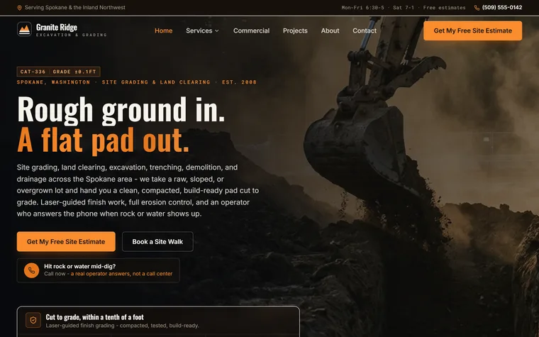 Excavation & Grading website example - Granite Ridge Excavation home page
