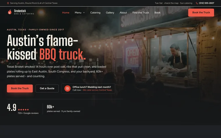 Food Truck website example - Rolling Smoke BBQ home page