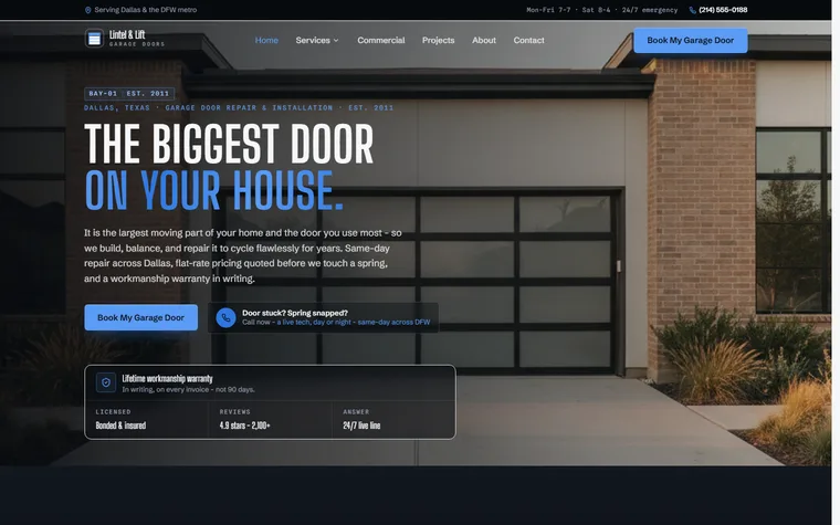 Garage Door Repair & Installation website example - Lintel & Lift Garage Doors home page