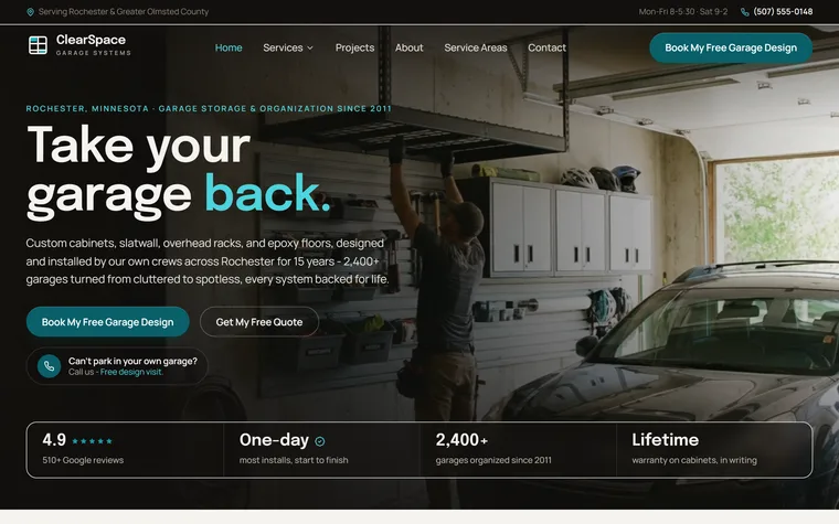 Garage Storage & Organization website example - ClearSpace Garage home page