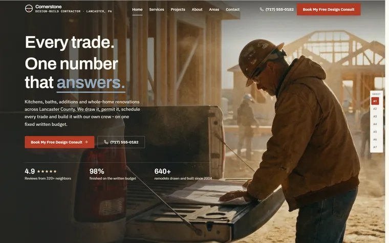General Contractor / Home Remodeling website example - Cornerstone Build & Remodel home page