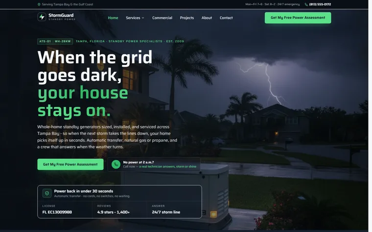 Generator Installation & Repair website example - StormGuard Power home page