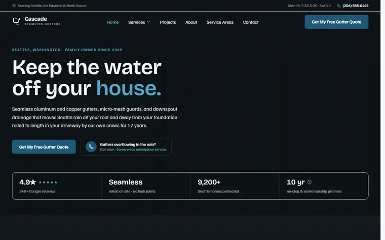 Gutters website example - Cascade Seamless Gutters home page