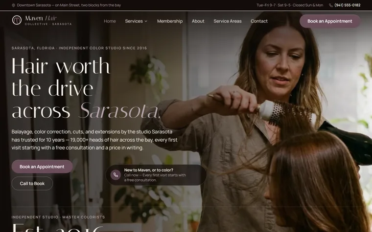 Hair Salon website example - Maven Hair Collective home page