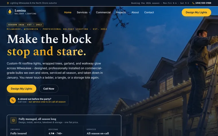 Holiday & Christmas Lighting website example - Lumina Holiday Lighting home page