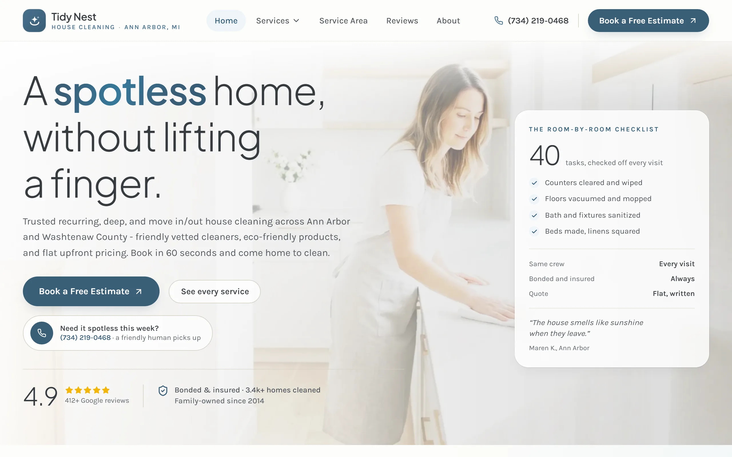 House Cleaning & Maid Service website example - Tidy Nest Cleaning Co. home page