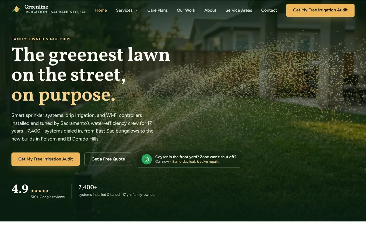 Irrigation & Sprinklers website example - Greenline Irrigation home page