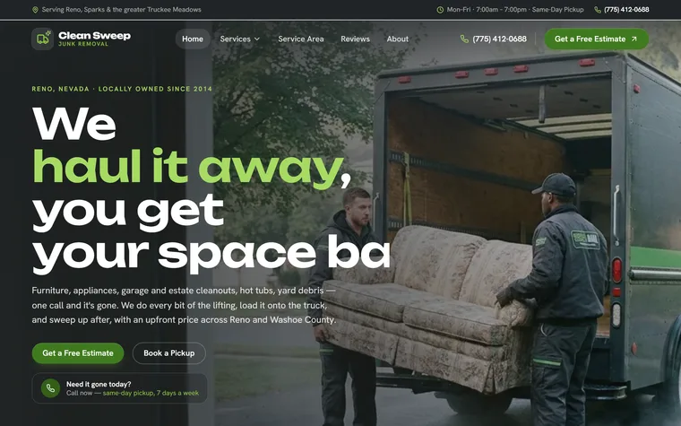 Junk Removal & Hauling website example - Clean Sweep Junk Removal home page