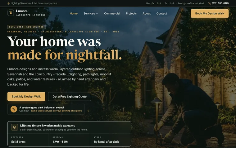 Landscape & Outdoor Lighting website example - Lumora Landscape Lighting home page