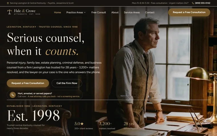 Law Firm website example - Hale & Crowe Law home page
