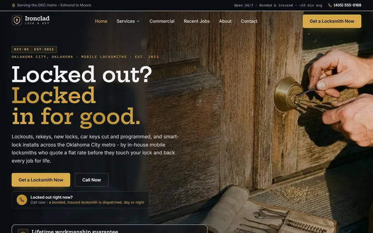 Locksmith website example - Ironclad Lock & Key home page