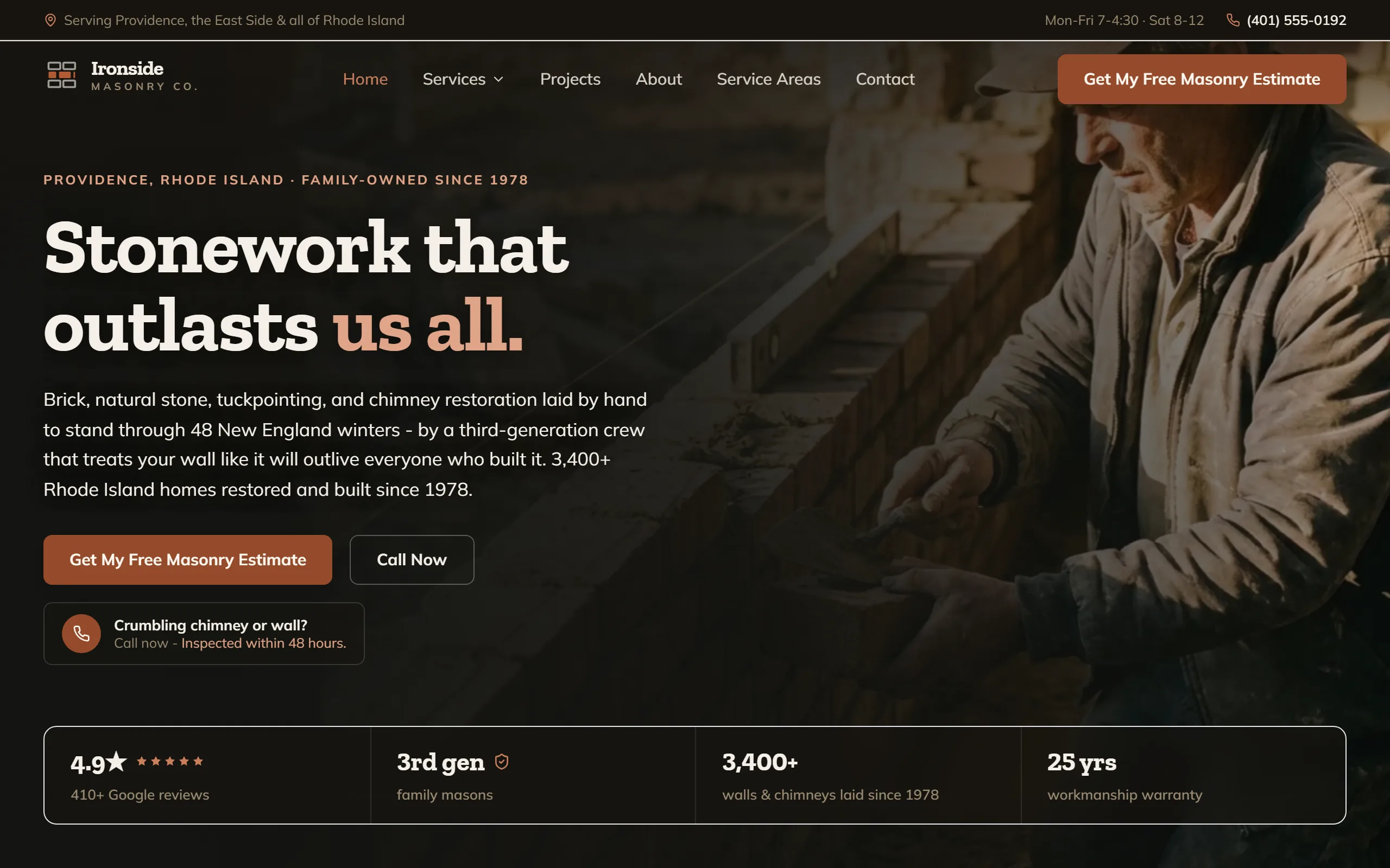 Masonry (Brick & Stone) website example - Ironside Masonry Co. home page