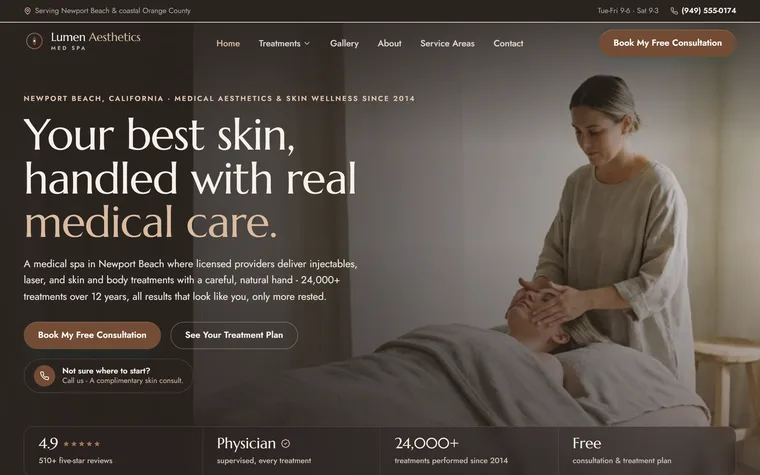 Med Spa & Aesthetics website example - Lumen Aesthetics Med Spa home page