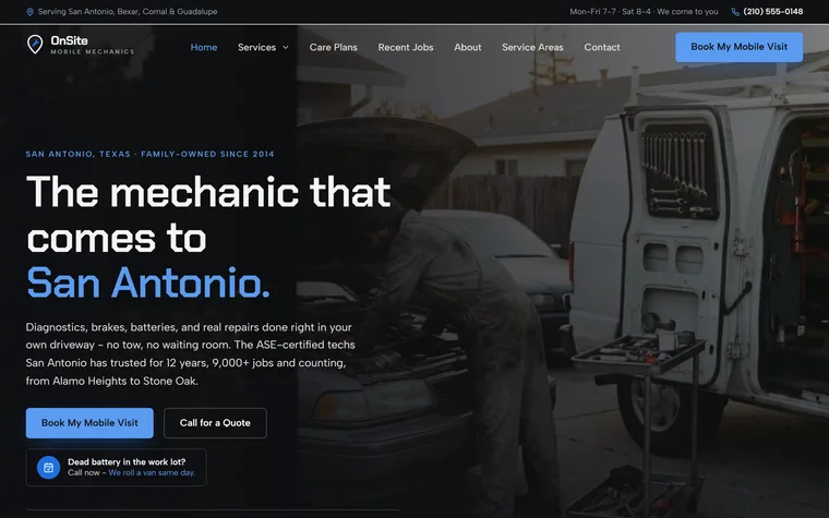 Mobile Mechanic website example - OnSite Mobile Mechanics home page