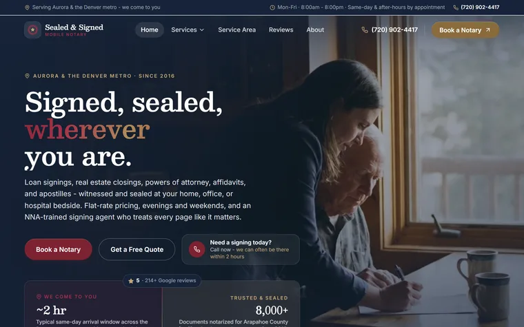 Mobile Notary website example - Sealed & Signed Mobile Notary home page