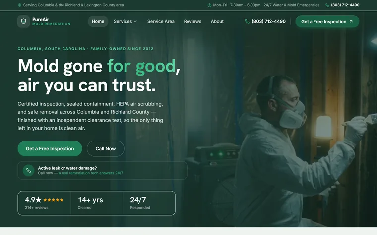 Mold Remediation website example - PureAir Mold Remediation home page