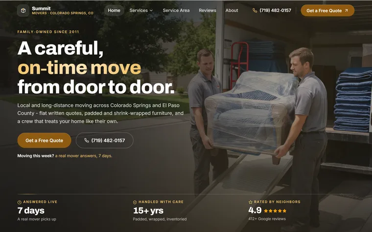 Moving Company website example - Summit Movers home page