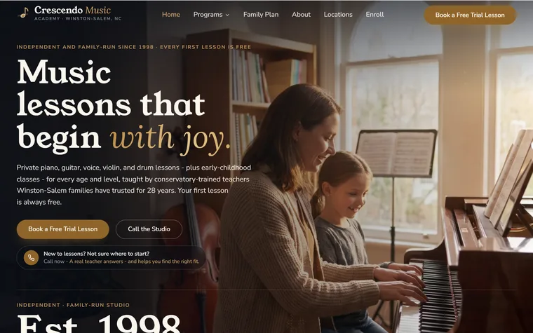Music Lessons website example - Crescendo Music Academy home page