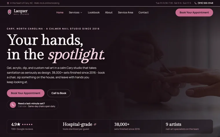 Nail Salon website example - Lacquer Nail Lounge home page