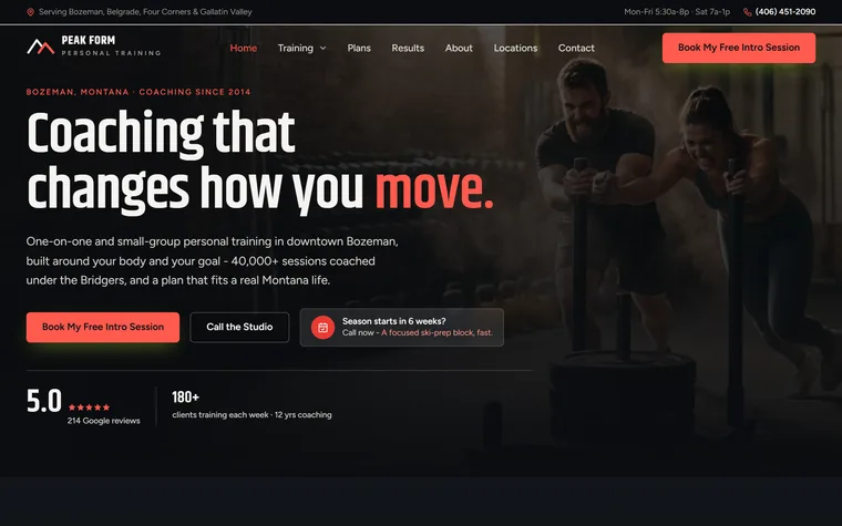 Personal Training website example - Peak Form Personal Training home page